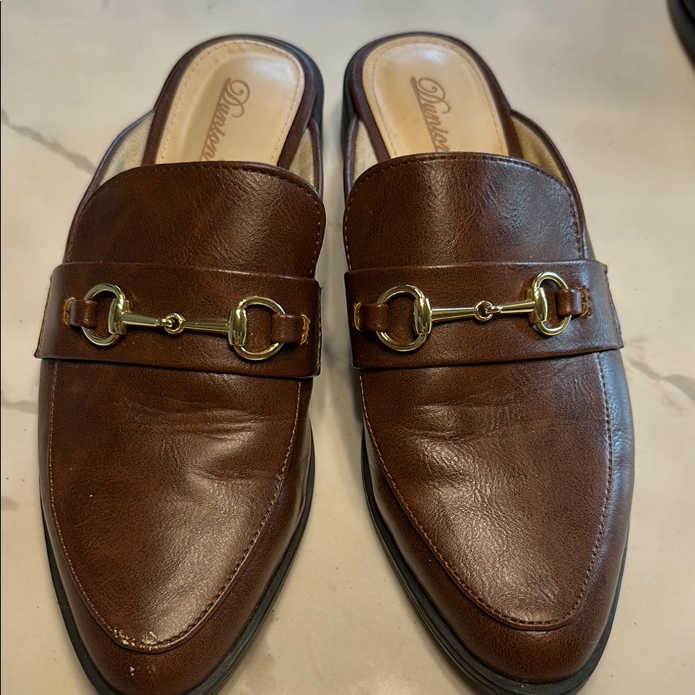 Dunham Brown Leather Slip-Ons with Gold Accents